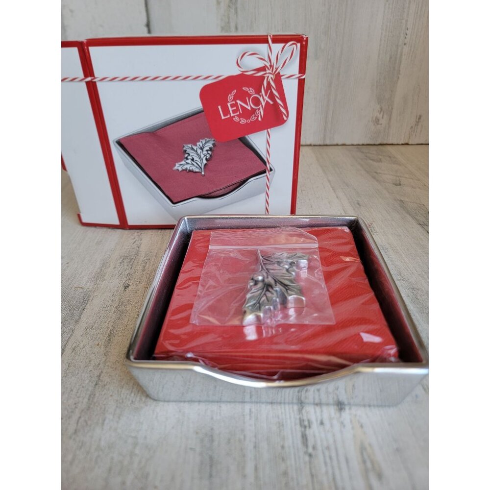 Lenox NEW napkin box weight holiday Pinecone Holly Xmas Decor‎ set